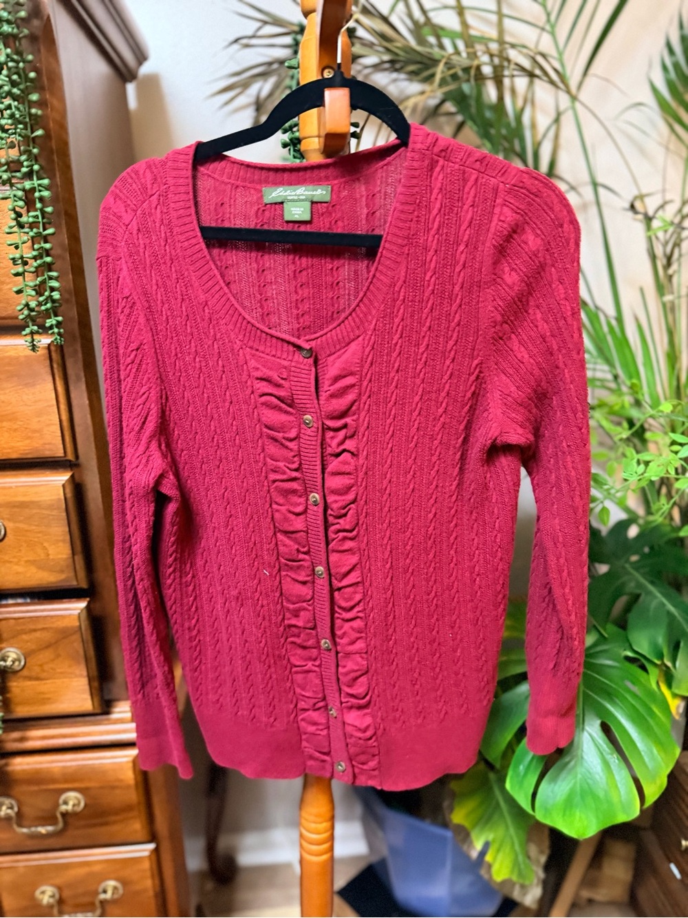 Eddie Bauer Ruched Front Cable Knit Cardigan Sweater Red PL 70% Cotton